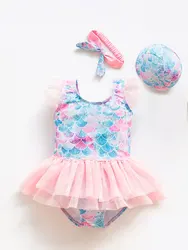 Bañador de sirena para niña, traje de baño de princesa con estampado de escamas de pez de dibujos animados, baile de Ballet, una pieza, trajes de baño de tul con lentejuelas