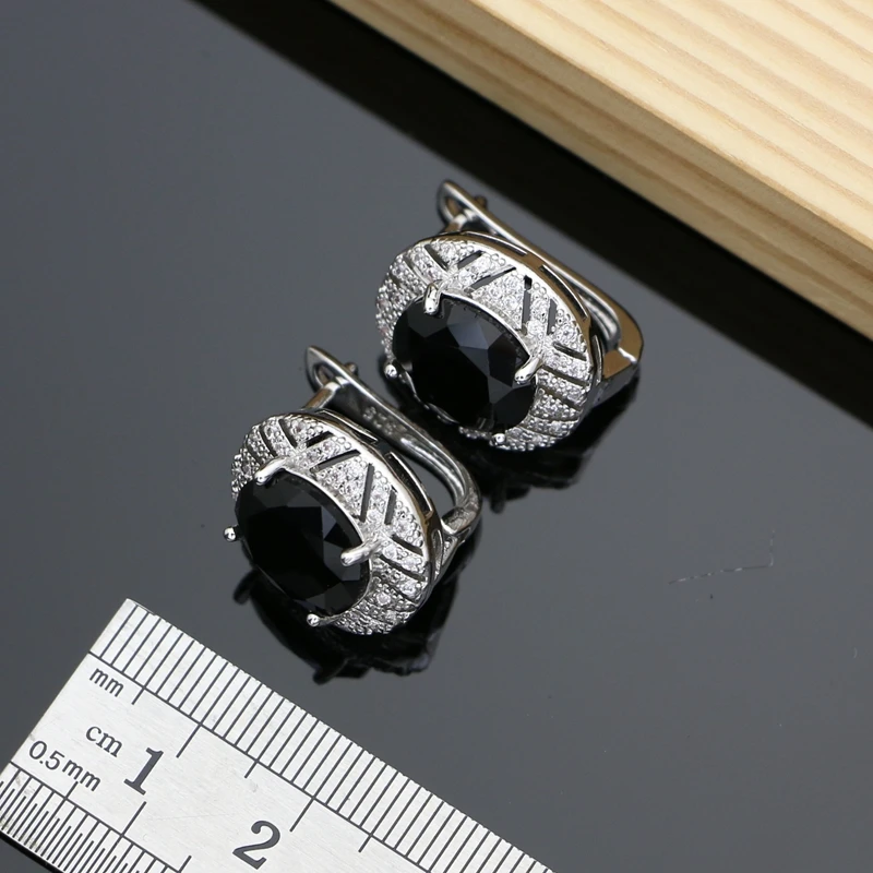 Black Obsidian 925 Silver Jewelry Sets Hoop Earrings Rings Accessories Women Wdding Fine Jewellry Necklace Set  Dropshipping
