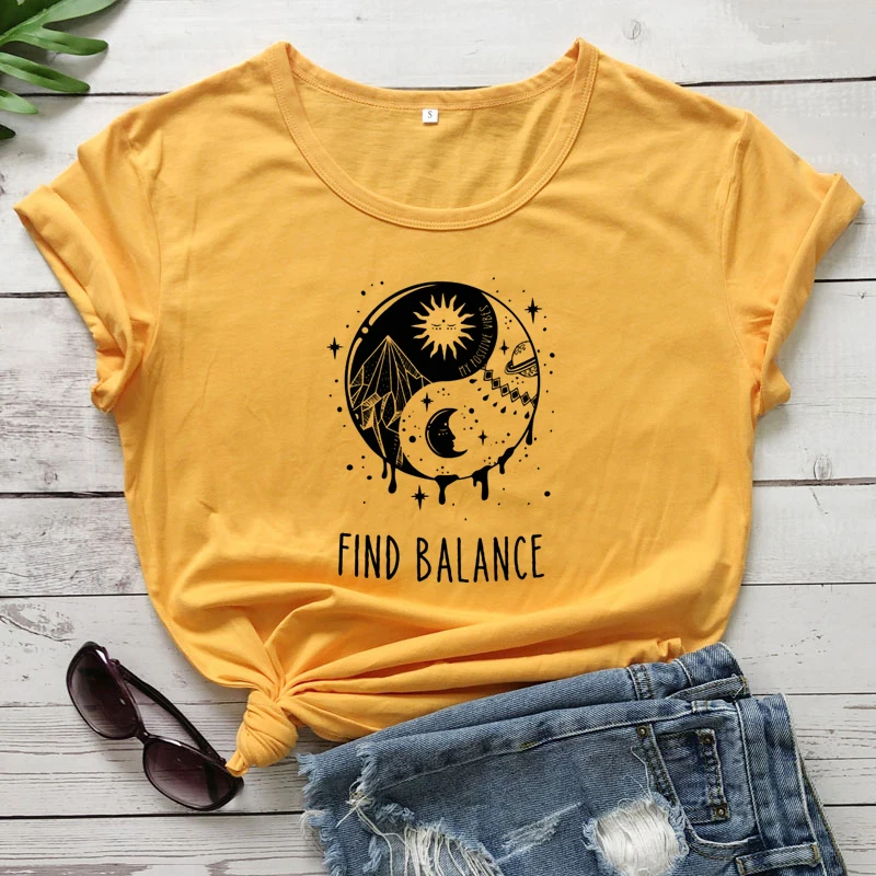 Find Balance Yin Yang T-shirt Aesthetic Women Grunge Gothic Top Tee Shirt Mystical Sun Moon Day Night Nature Tshirt