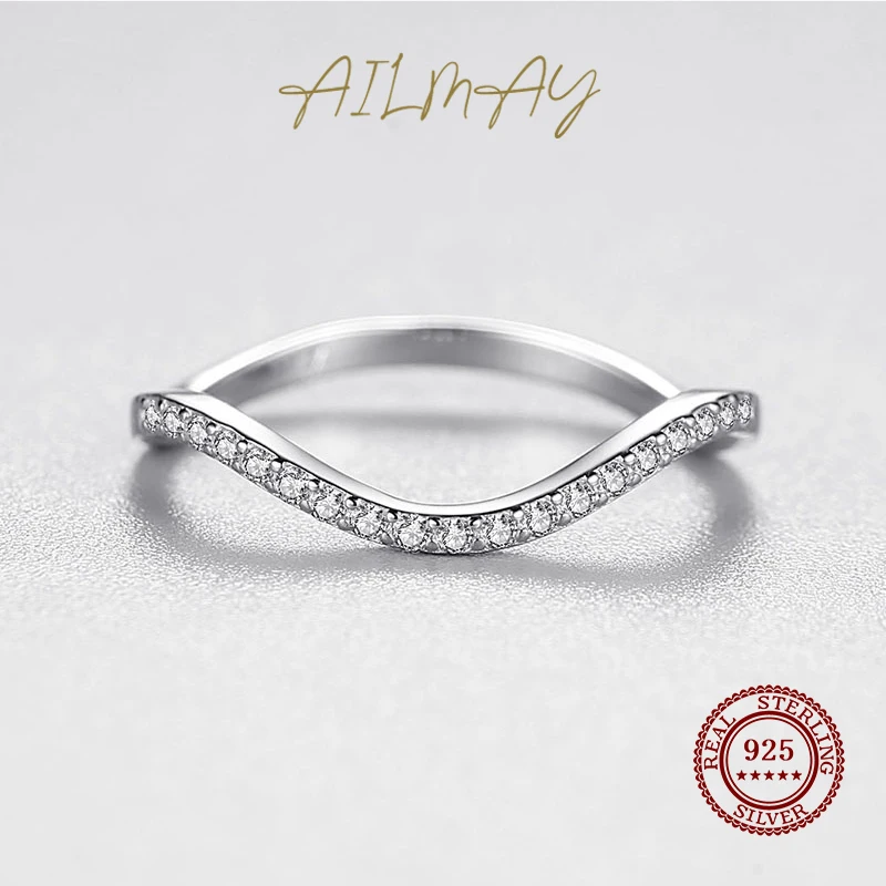 Ailmay Fashion Wave Ring Genuine 925 Sterling Silver Geometri Stackable Clear CZ Rings For Women Girls Party Akcesoria Biżuteria — zdjęcie 5