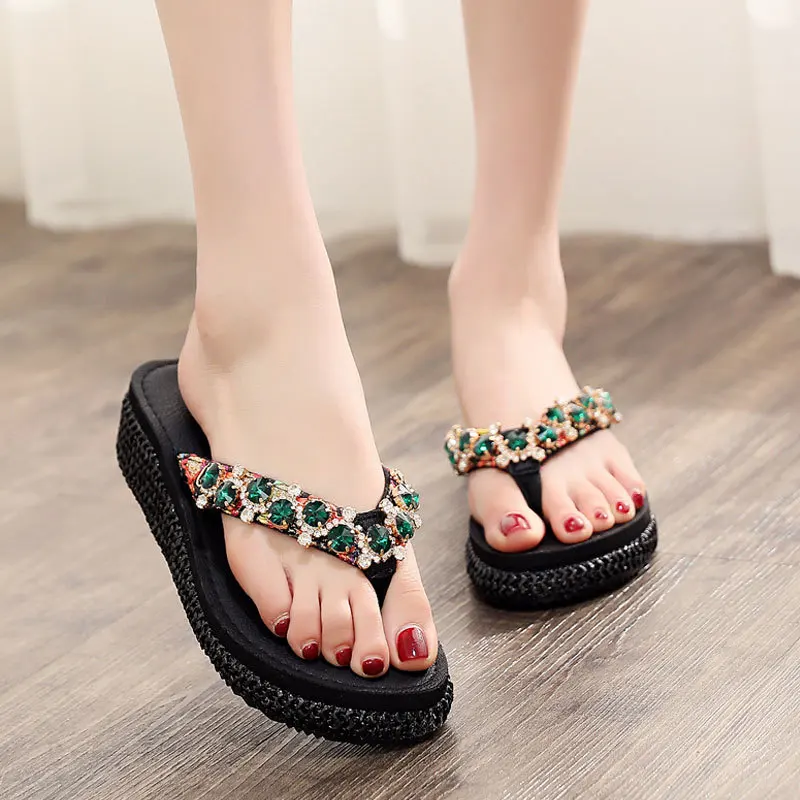 2020 Summer Fashion Rhinestones Wedges Flip Flops Women\'s Casual Beach Shoes Ladies Non-slip Platform Zapatos De Mujer