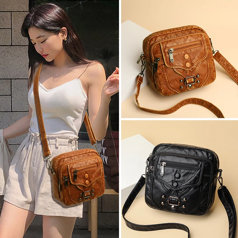 High Quality Leather Shoulder Handbag Elegant Girl Crossbody Small Mobile Phone Sac Ladies Casual Water Wash Bags Bolsa Feminina