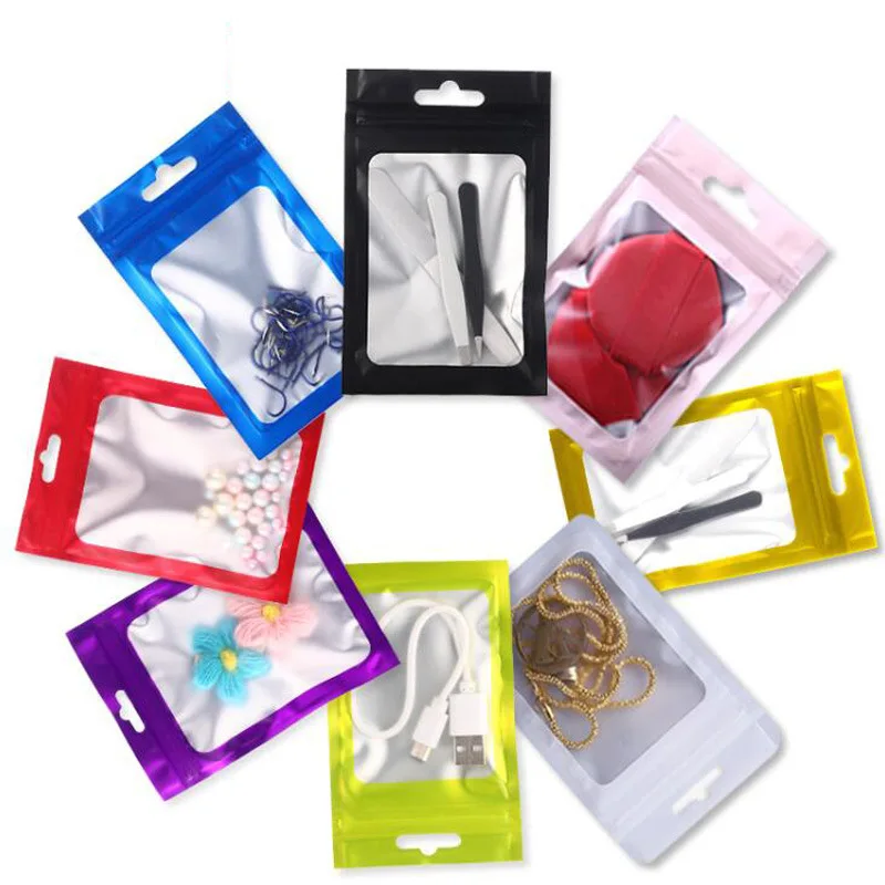 Resealable Colorful Aluminum Foil Window Zip Lock Bags Women Jewelry Nail Beauty USB Bracelets Sexy Lingerie Candy Gifts Pouches