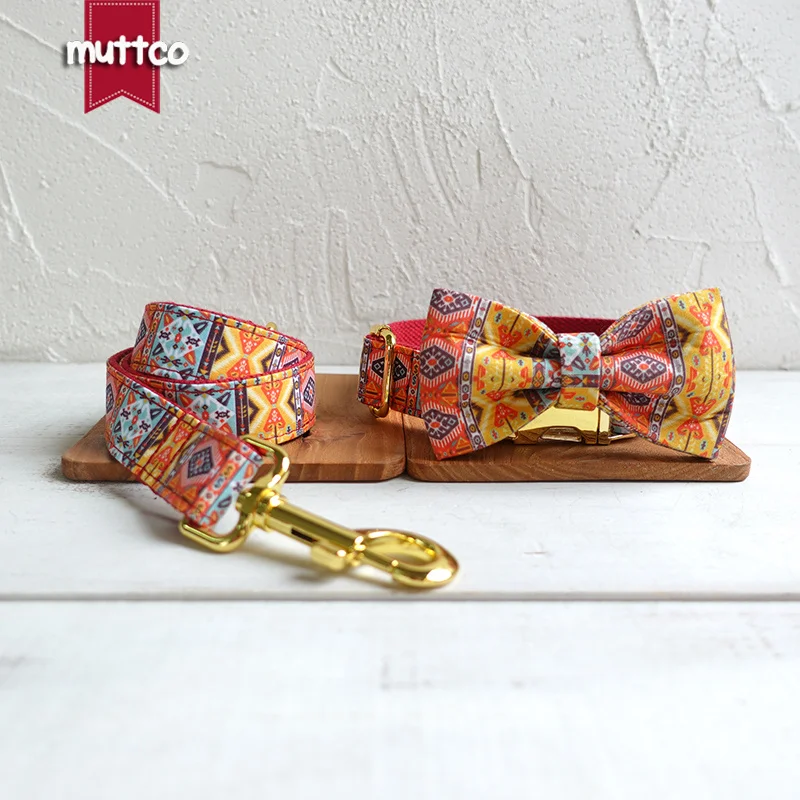 

MUTTCO retailing fashion handmade stubborn collar THE RED BOHEMIAN dog collar leash with bow tie 5 sizes UDC055B