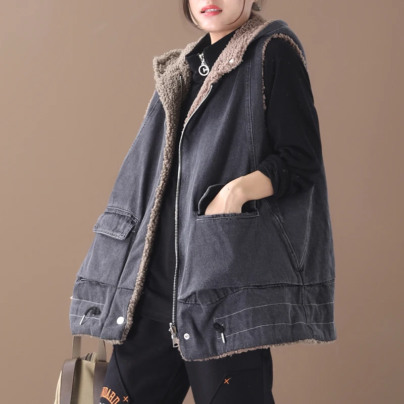 Female new autumn and winter korean style  plus size outerwear literary hooded thickened two-sided wearing loose lamb vest