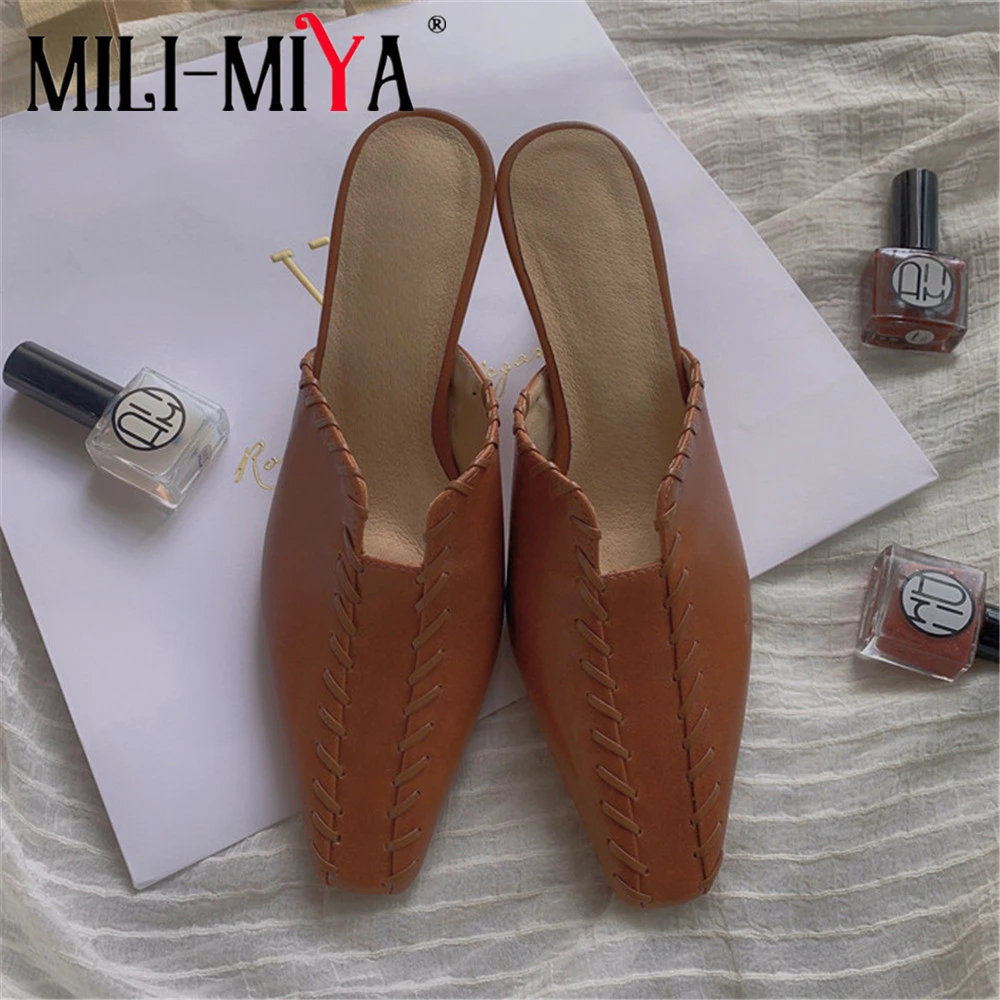 

MILI-MIYA Brand Design Women Slipper Spring Ladies Slip On Mules Shoes Square Toe Mid Heel Sandals Outdoor Casual Party Slides