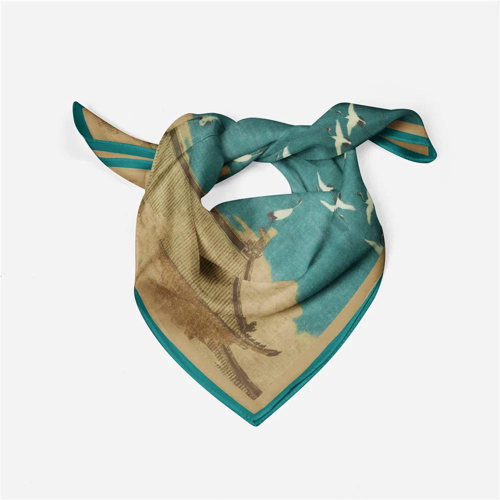 Twill Silk Scarf Woman China Painting Square Scarves Wraps Bandana Small Hijab Silk Foulards Tie Headband Neckerchief 53CM