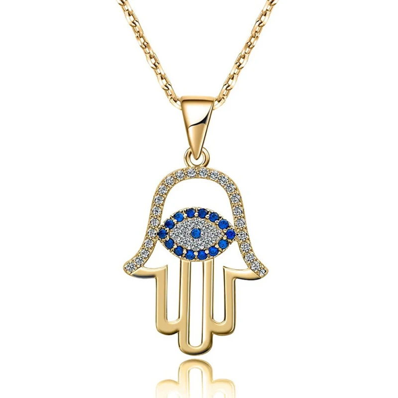 Evil Eye Hamsa Hand Necklace 14k Gold / Rose Gold Plated /Sterling Silver Third Eye White Blue Cz Womens Pendant Dainty Necklace