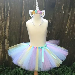 Girls Pastel Unicorn Tutu Skirts Kids Ballet Tulle Pettiskirts Tutus with Ribbon Bow and Hairbow Children Party Costume Skirts