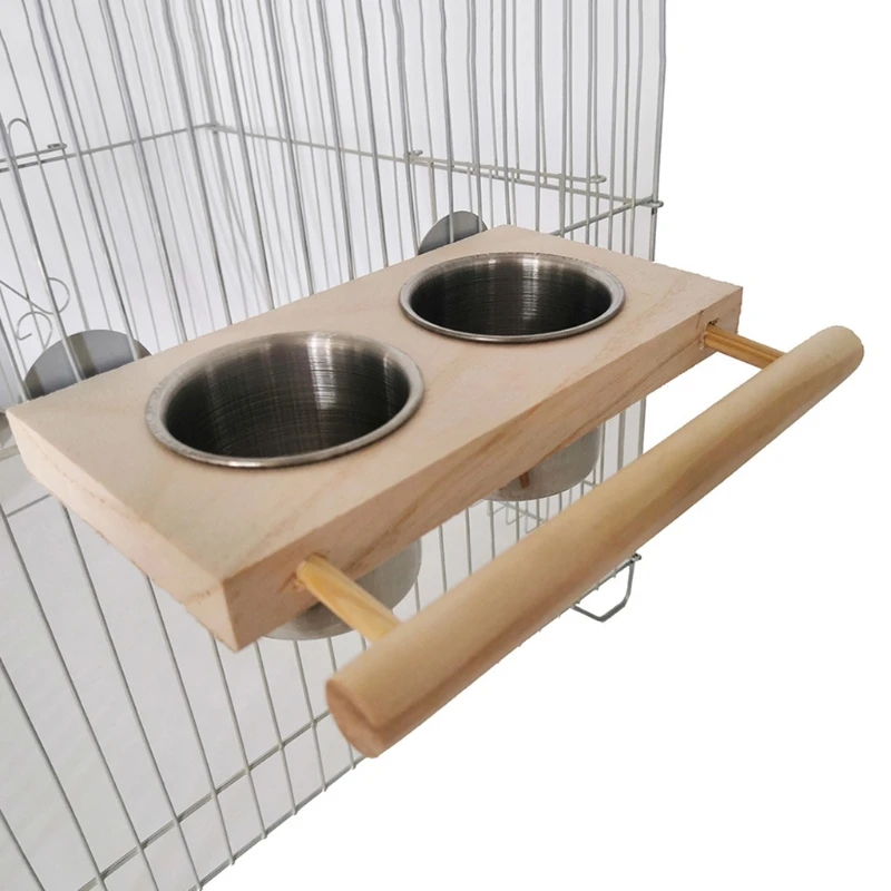 Bird Perch Feeder Wooden Stand Detachable Stainless Steel Feeding Cups Food Water Bowls for Parrot Macaws Lovebirds Cockatoos