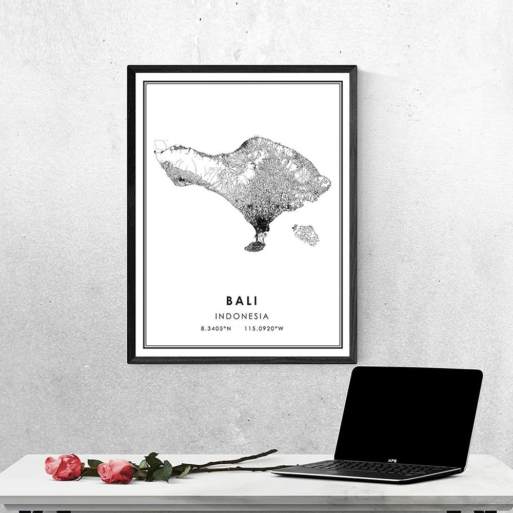 Prints Bali Indonesian Island City Map Poster Modern Canvas Painting Abstract Wall Art For Living Room Home Decor