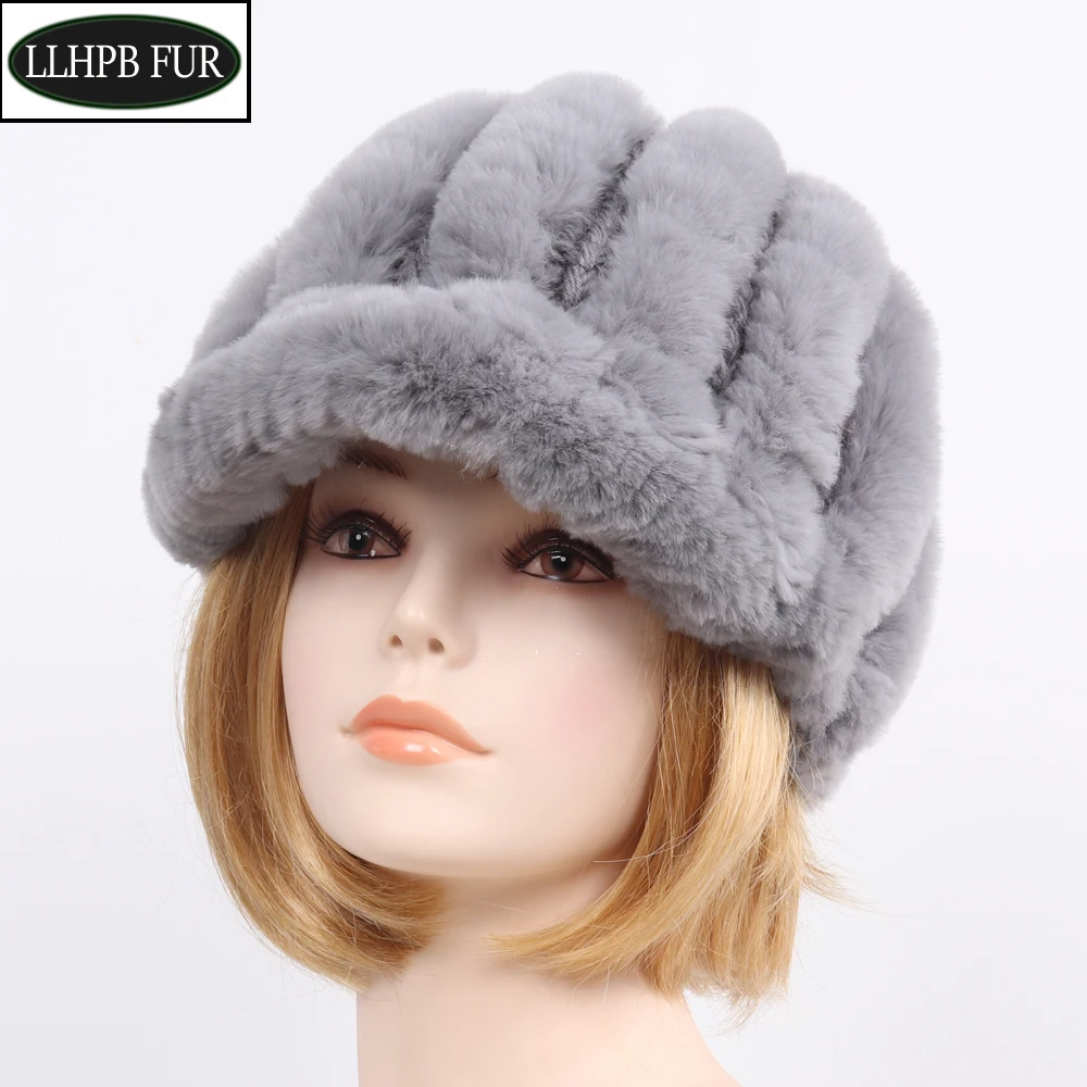 

Russian Lady Good Elastic Real Rex Rabbit Fur Hats Winter Women Warm Flowers Genuine Fur Caps Knit 100% Natural Fur Beanies Hat