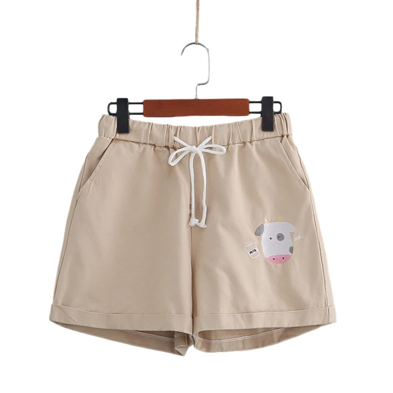 

Kawaii Fashion Milk Cow Embroidery Summer Shorts Women Cute Cartoon Graphic Teen Girls Casual High Waist White Drawstring Shorts