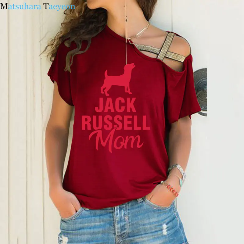 New Jack Russell Mom Dog Pet T Shirt Short Sleeve Cotton T-shirt Girls Tee Tops Woman Clothing Irregular Skew Cross Bandage