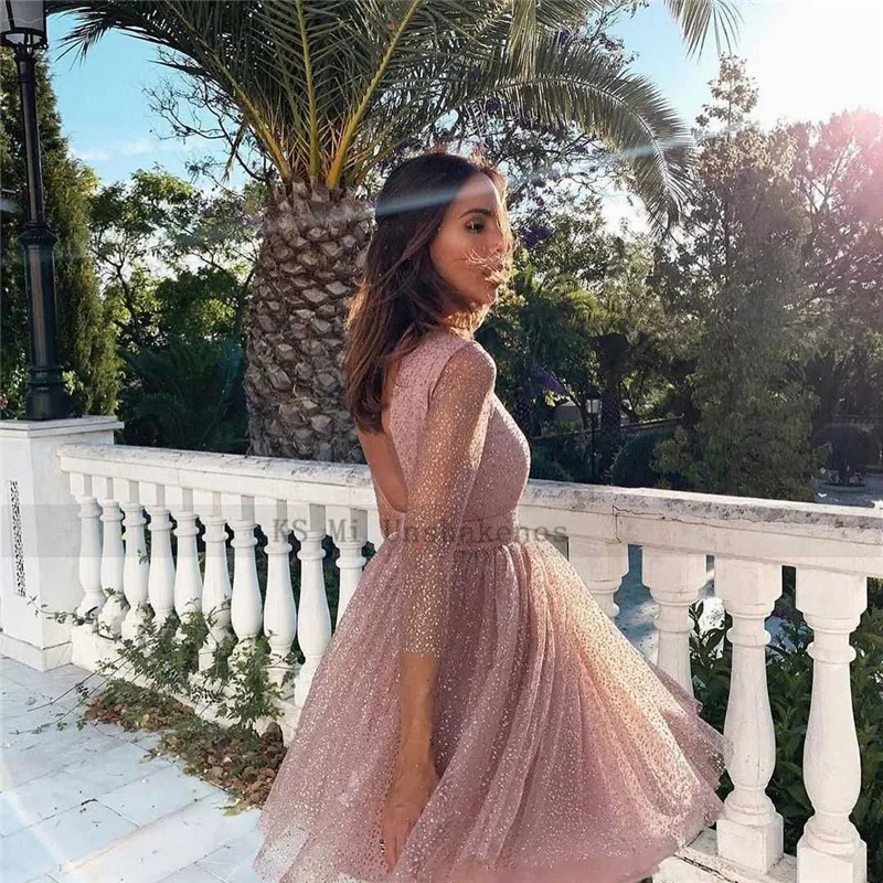 Robe de Cocktail en Tulle rose à paillettes, manches 3/4, au-dessus du genou, dos nu, courte, Sexy, robes de fête, 2021