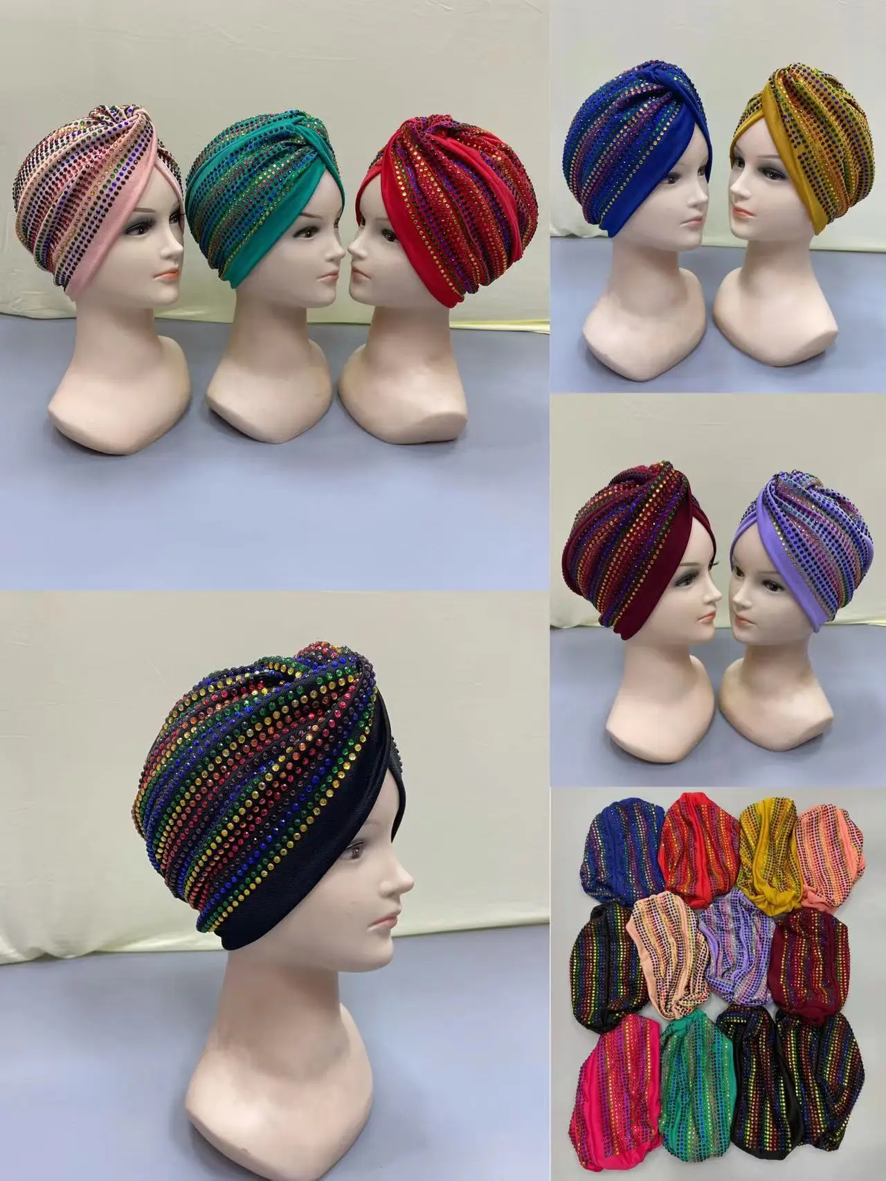 

Elegant Muslim Hat Hot Drilling African Hijab New Shining Rhinestones Turban Cap Hat Latest African Head Ties 12pcs/pack