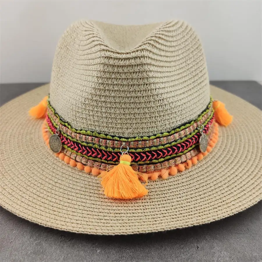 Boho Style  Sun Hat Wide Brim Floppy Summer Hats For Women Beach Panama Straw Dome Flower Hat Femme Shade Hat