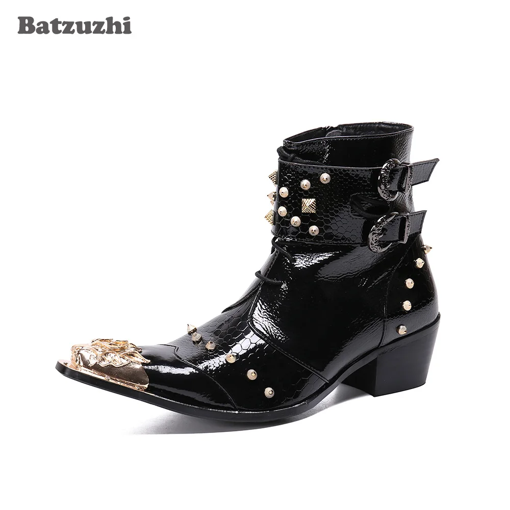 

Batzuzhi Rock Ankle Boots Men 6.5cm Men Ankle Boots Pointed Metal Tip Rivets Punk Black Leather Boots Men Botas Militares, 38-46