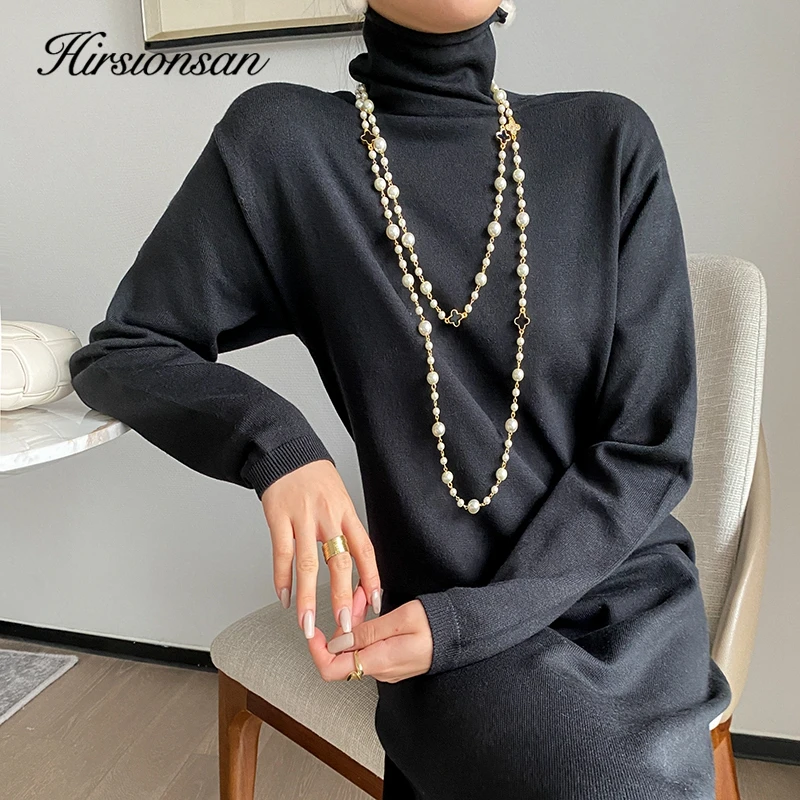 Hirsionsan Elegant Spring Autumn Bodycon Sweater Dress Women Soft Long Sleeve Solid Knit Dress Female 2023 New Clothing