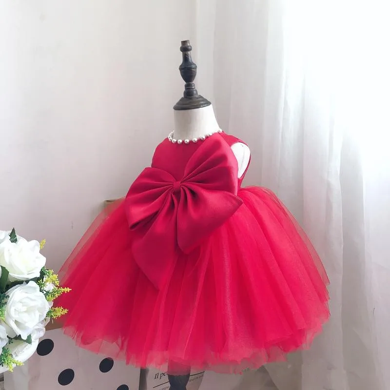 Baby Baptism Dress Beads Red Lace Princess Gown Summer Infant 1 Year Birthday Dress Christmas Party Dress Newborn Girl Clothes