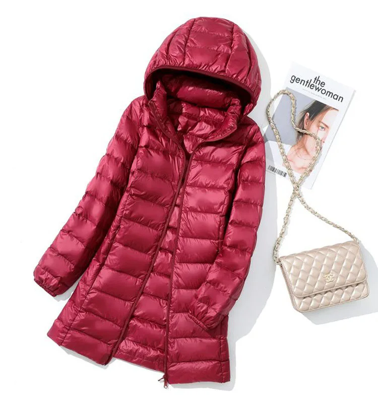 Schinteon M-7XL Women Down Jacket Ultralight White Duck Down Long Coat with Removable Hood Thin Slim Spring Autumn Outwear New