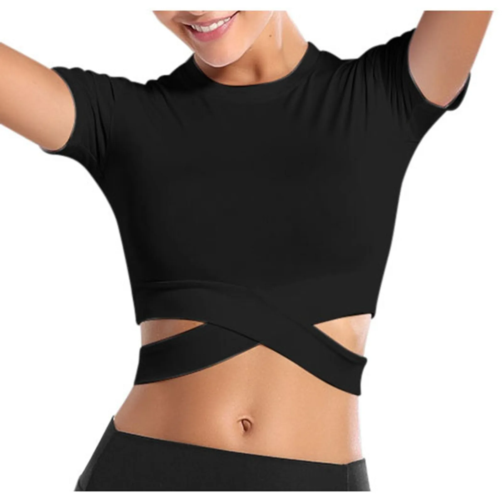 Women Crop Tanks Tops Tummy Cross Solid Color Camis Short Sleeve Sport Shirt For Yoga Spandex New Camisetas De Manga Curta