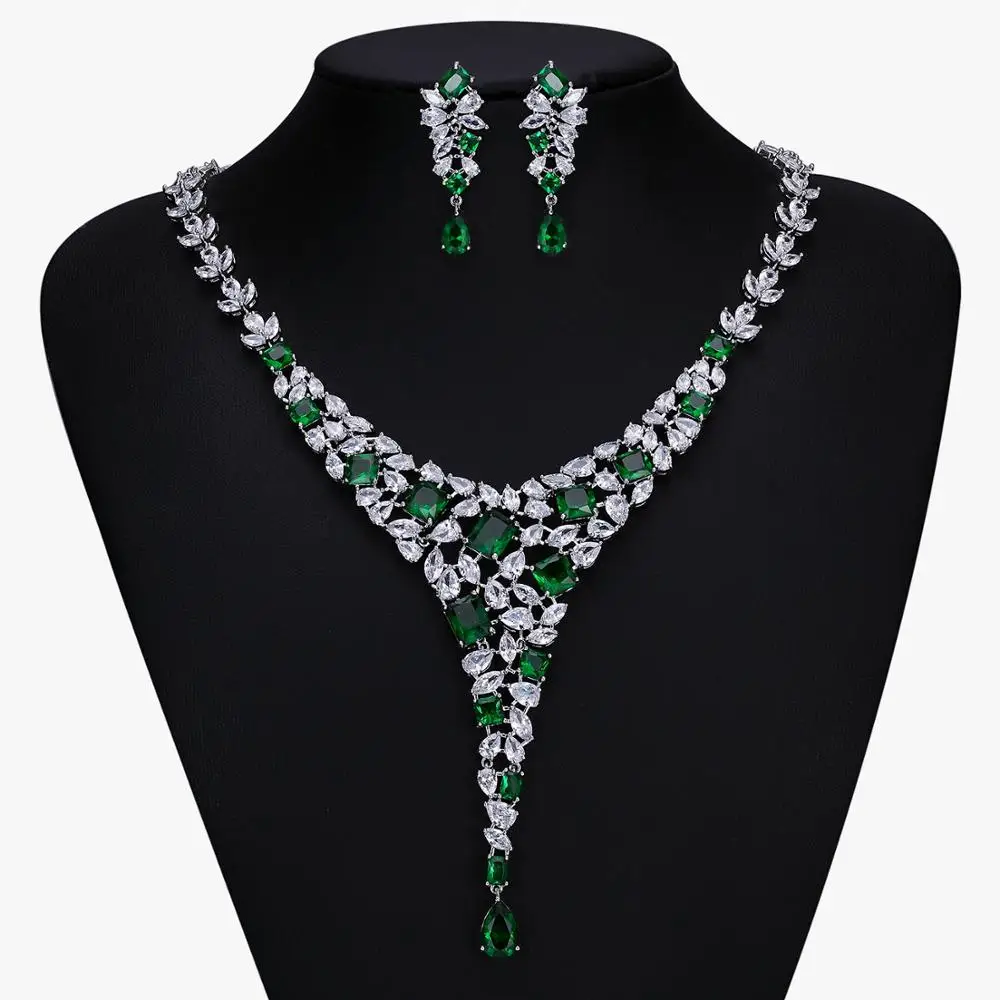 Full 3A Cubic Zirconia Wheat Design Bridal Wedding Necklace Earring Set Top Quality Women Prom Party Jewelry Sets CN10200