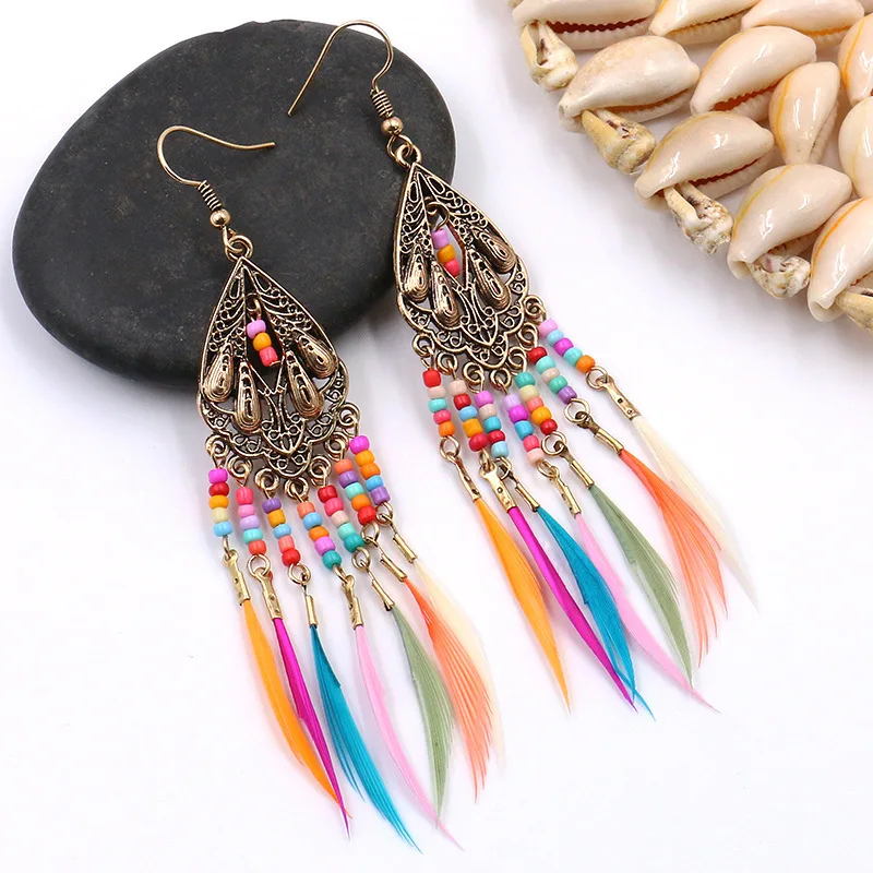 Bohemian Bobo Earrings Vintage Ethnic Rainbow Beads Feather Earrings for Women Dangle Earring Fashion Jewelry Boucle D'oreille