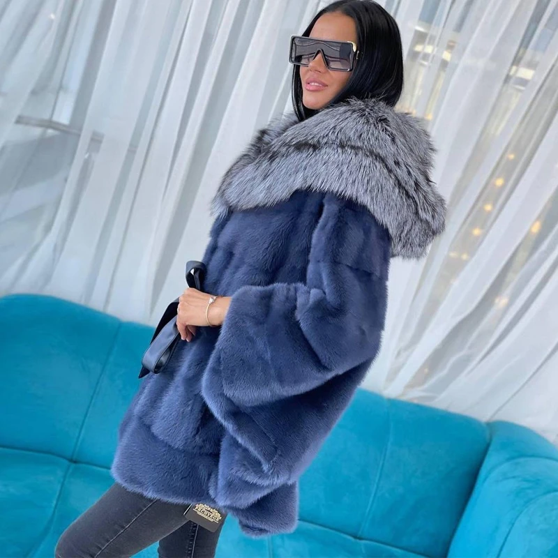 BFFUR Women's Real Fur Coat Winter Fashion Full Pelt Genuine Mink Fur Coat Big Silver Fox Fur Hood Stand Collar Mink Fur