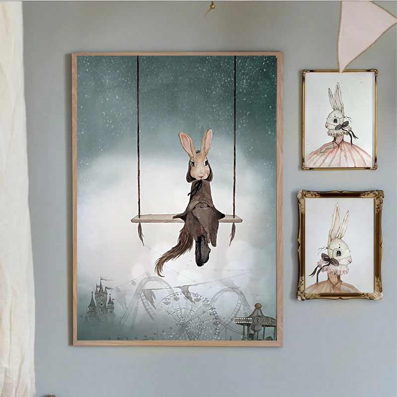 Nordic Modern Cartoon Moon Rabbit Girls Carousel Canvas Painting Spray Color Swan Art Poster Kids Baby Nursery Room Wall Picture