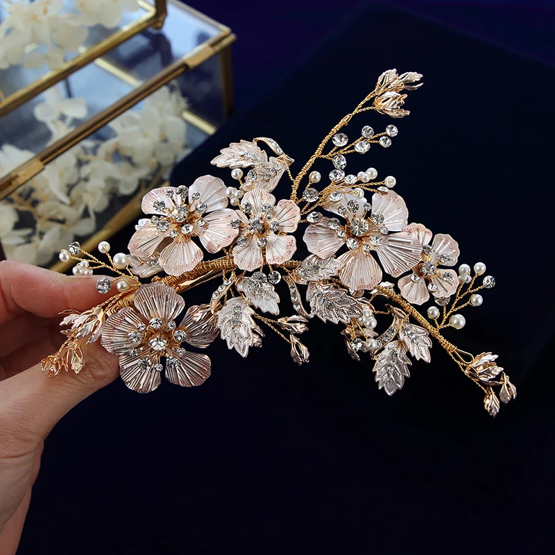 

Korean Handmade Gold Pearls Flower Brides Leaves Soft Barrettes Headbands