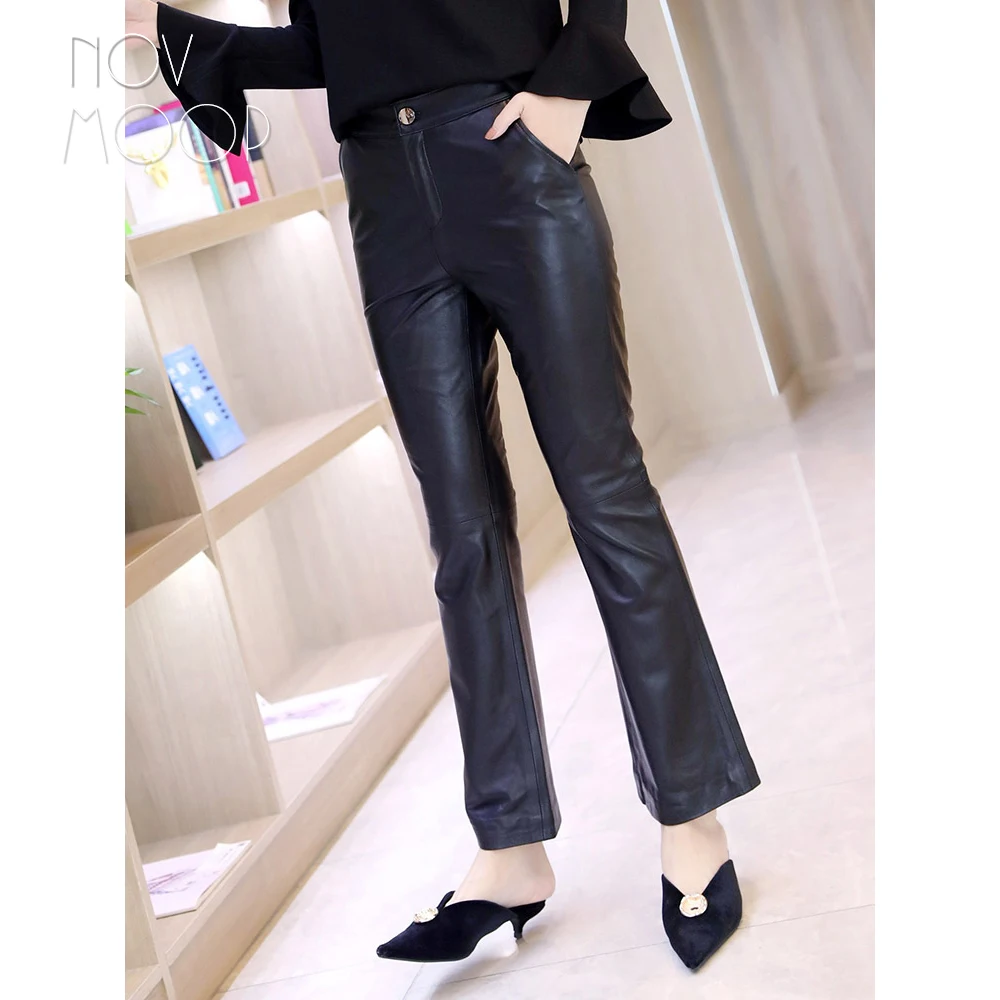 Novmoop high street casual style women summer black elastic waist lambskin genuine leather flare pants spodnie pantalones LT3093