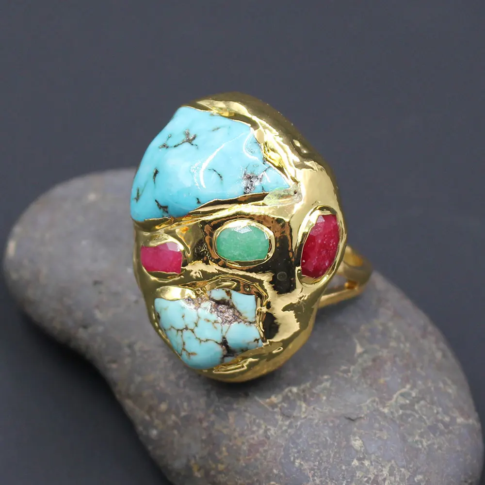 GG Blue Turquoise Multi Color Agate Gold Plated Ring Gold color Electroplated Ring Adjustable