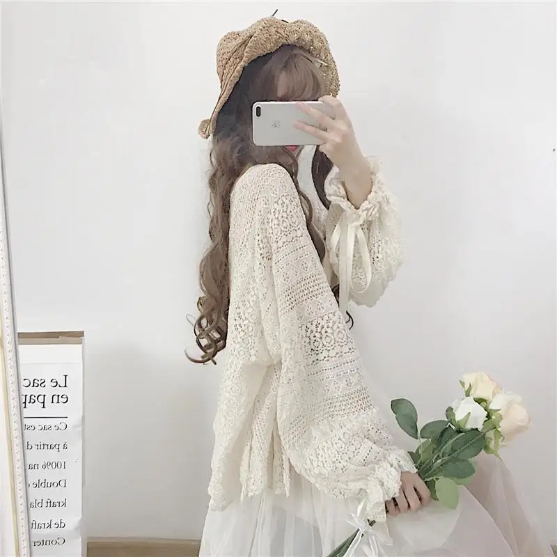 Shirts Women Long Butterfly Sleeve Hook Flower Hollow Solid Kawaii Fairy Retro Lace Thin Fashion Leisure Ulzzang Elegant Chic