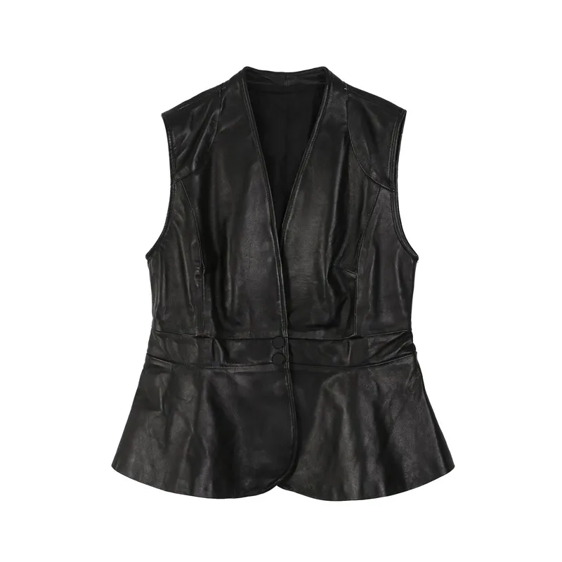 Women Sheepskin Vest Jackets V Neck Slim Fit Sleeveless Waistcoat Streetwear Female Black Single Breasted Genuine Leather Vests