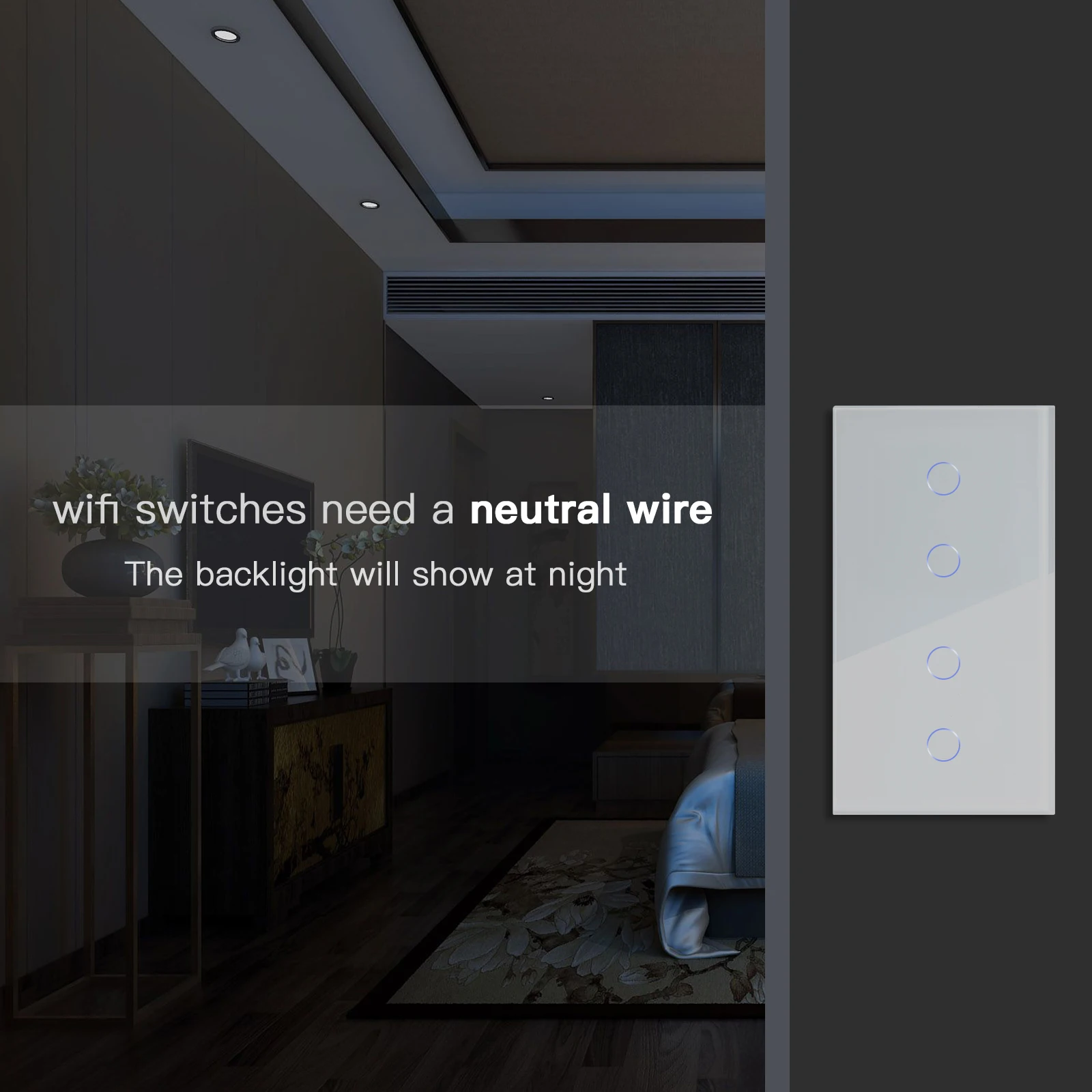 Bseed 4 Gang 1/2/3way Wifi Control Light Switch Touch Switch Wall Switch Crystal Class Panel Fashion Smart Switch Work With Tuya