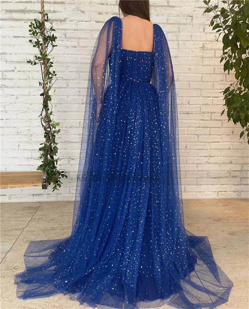 Elegante Starry Tulle Royal Blue Formele Avondjurken Speciale Gelegenheden Cap Mouw Lange Prom Dresses 2022 Vrouwen Robe De Soriee