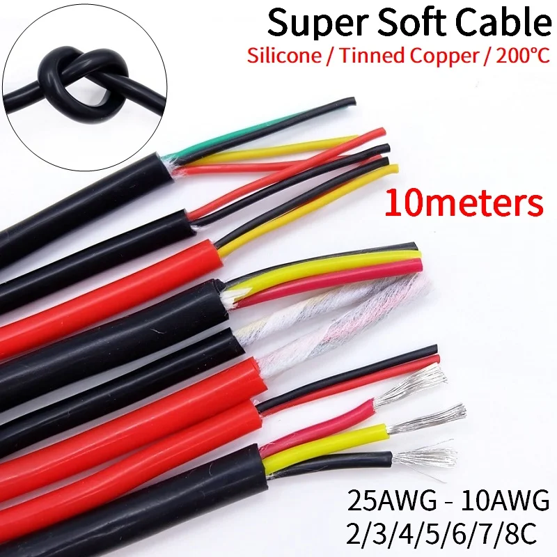 10M Sheath Wire 2 3 4 5 6 7 8 Cores Super Soft Flexible Silicone Rubber 25 24 22 20 18 17 15 13 11 10 AWG Power Copper Cable