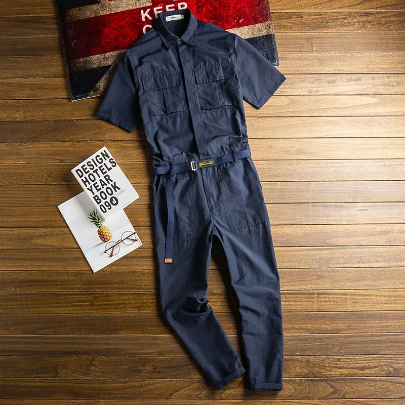 2021 Summer Thin Short Sleeve Men Jumpsuit Lapel Multi-Pocket Breathable Overalls Fashion Black Yellow Pants Workwear Trousers