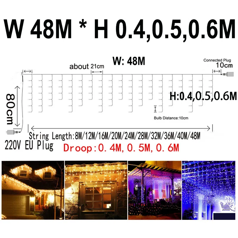 4-40Mx0.4-0.6M LED 요정 문자열 조명 220V 110V 갈 랜드 야외 정원 장식 크리스마스 휴가 웨딩 폭포 빛