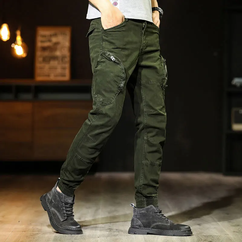 Men Cargo Pants Cotton Zipper Pocket Little Feet Overalls Army Military Style Breathable Casual Motion Outdoor On Foot Trousers