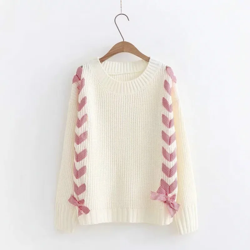 

2019 Winter Women Sweaters Korean Clothes Sweet Bowknot Pullovers Female Long Sleeve Round Collar Sweater Kawaii Tops H9480