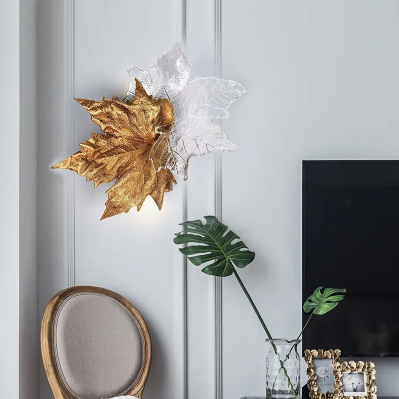 modern Led Luxury Copper Maple Leaf Crystal Glass Wall Lamp For Hallway Bedroom Corridor Bar Cafe Art Home Deco Sconc Wall Light