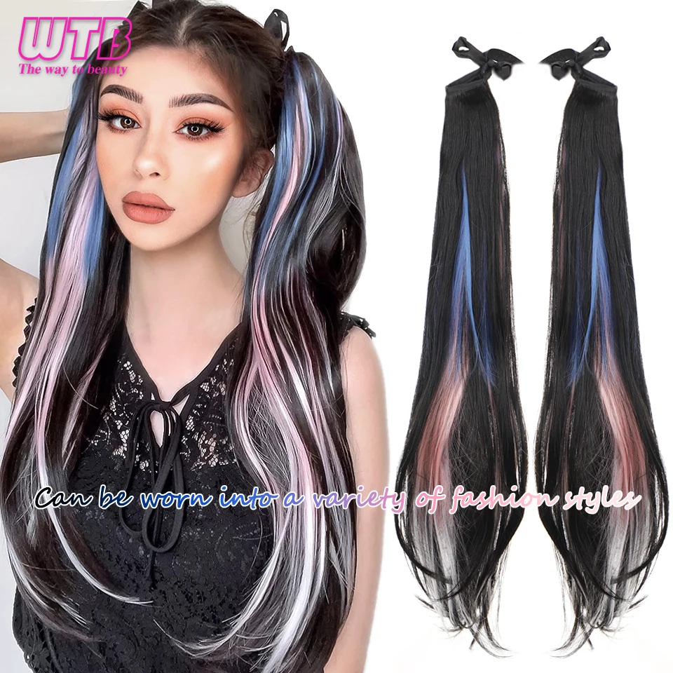 

WTB Synthetic Long Straight Ponytail Extensions Pink Blue Mixed Ponytail Tied to the Hair Extension Pony Tail for Women Hair