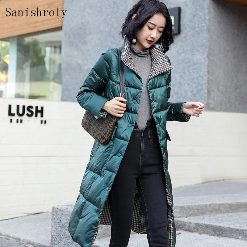 Double Sided Coat 2021 Autumn Winter Women Long Plaid Down Jacket Female Single-breasted Warm Light White Duck Down Coats Parka