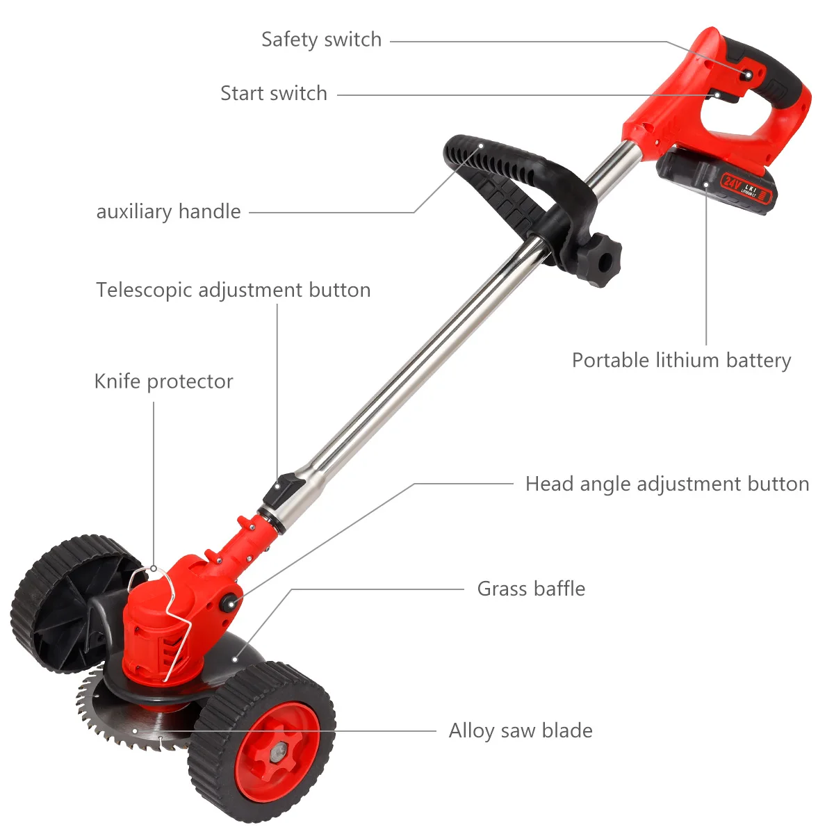 24V Electric Grass Trimmer Cordless Lawn Mower Double Wheel Length Adjustable Garden Pruning Cutter Tool with 2 Battery