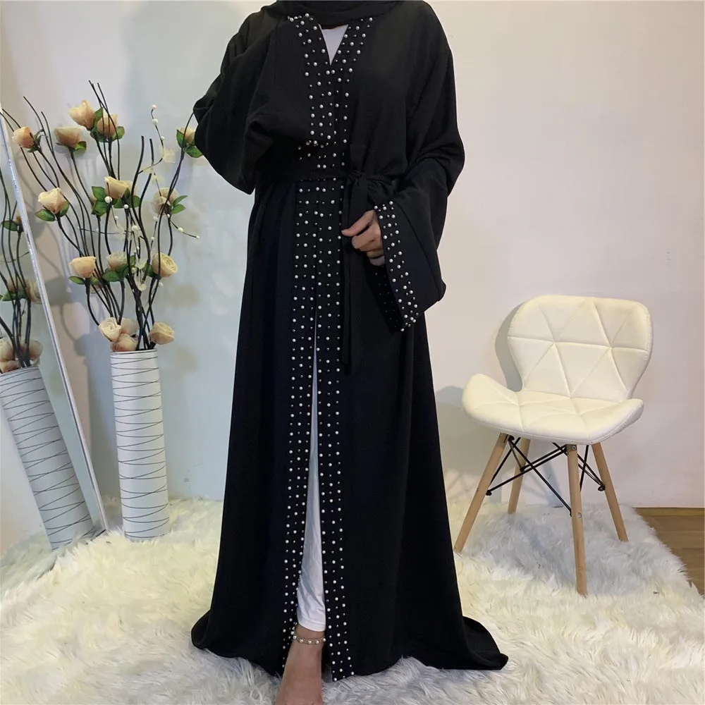 Imagem -04 - Vestido Maxi Longo para Mulher Muçulmana Abaya com Beading Árabe Kaftan Ramadã Islã Oriente Médio Dubai Turco Quimono Aberto Cardigã