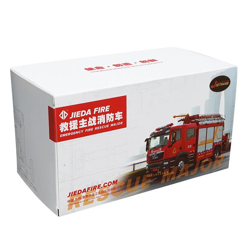 High Quality 1:43 Diecast Jieda Man Fire Truck Models, Scale Rescue Fire Fighting Truck Boost Pumper Truck Model for Gift