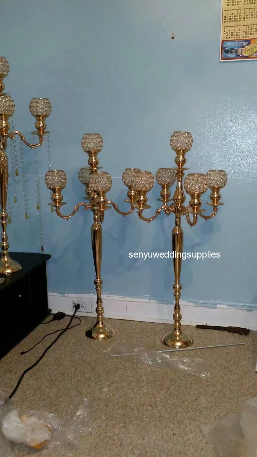 8pcs )European elegant 100cm  tall 5 arms wedding  gold crystal candelabra for wedding decoration centerpiece senyu1387