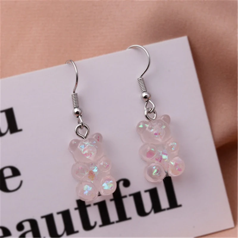 Sequins Resin Gummy Candy Colour Bear Dangle Earrings For Women Girl DIY Cartoon Animal Bear Earrings Creative Drop Jewelry Gift